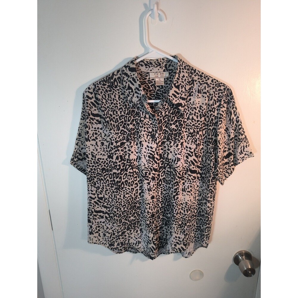Vintage Fu Da 100% Silk Leopard Print Blouse Womens Petite Small Short Sleeve...